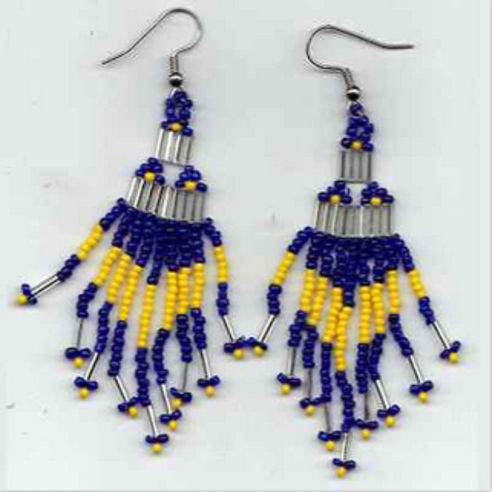Seed Bead Earrings Blue Yellow Beads Silver Bugle