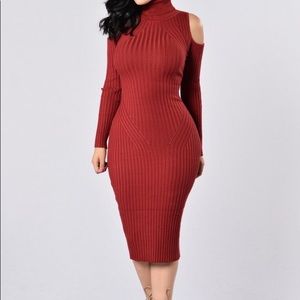 Burgundy Sweater dress with open shoulders