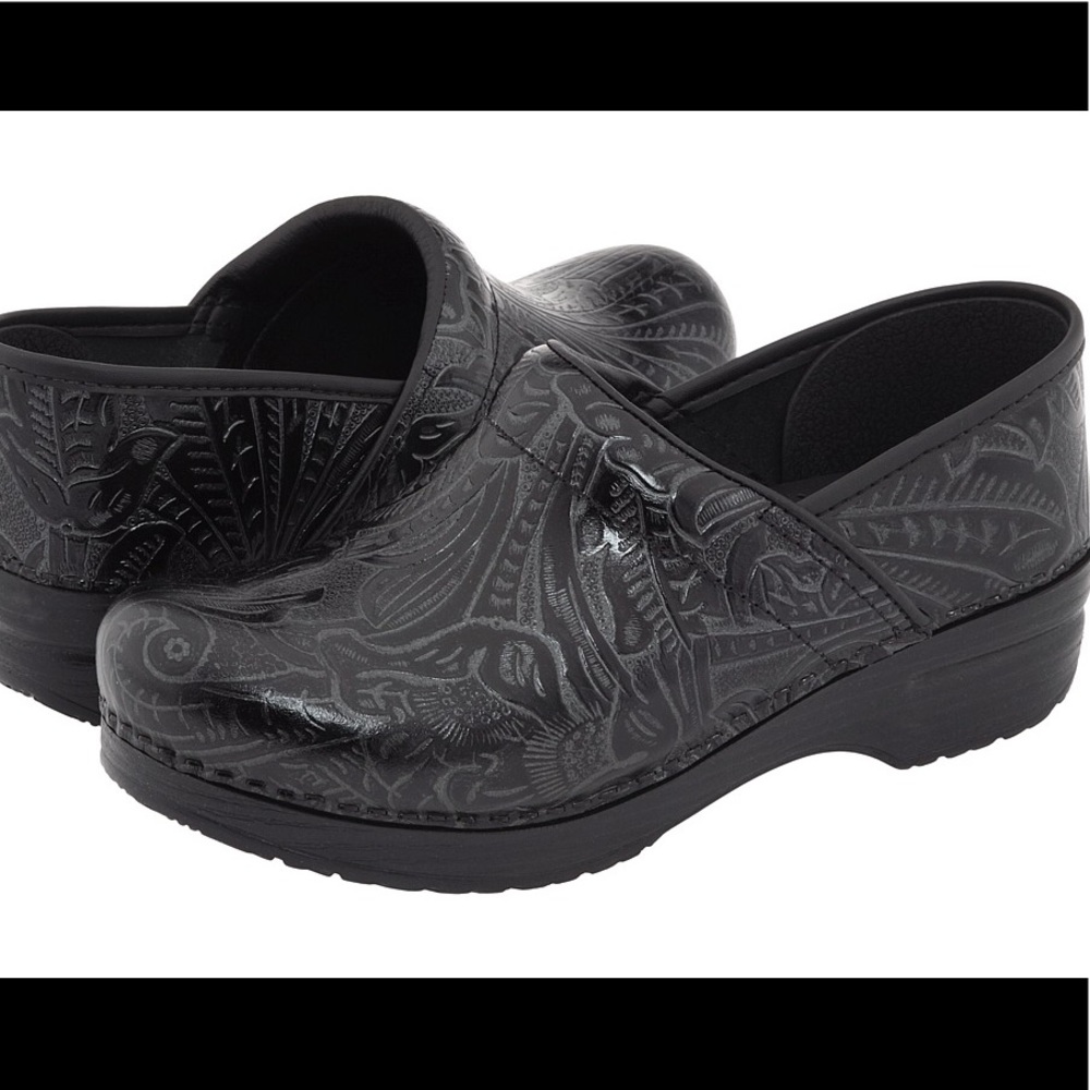 Dansko black leather tooled clogs