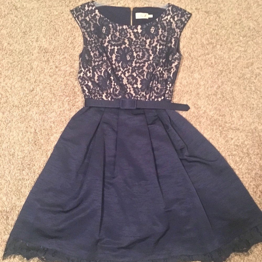 Eliza J cocktail dress-navy blue with lace overlay