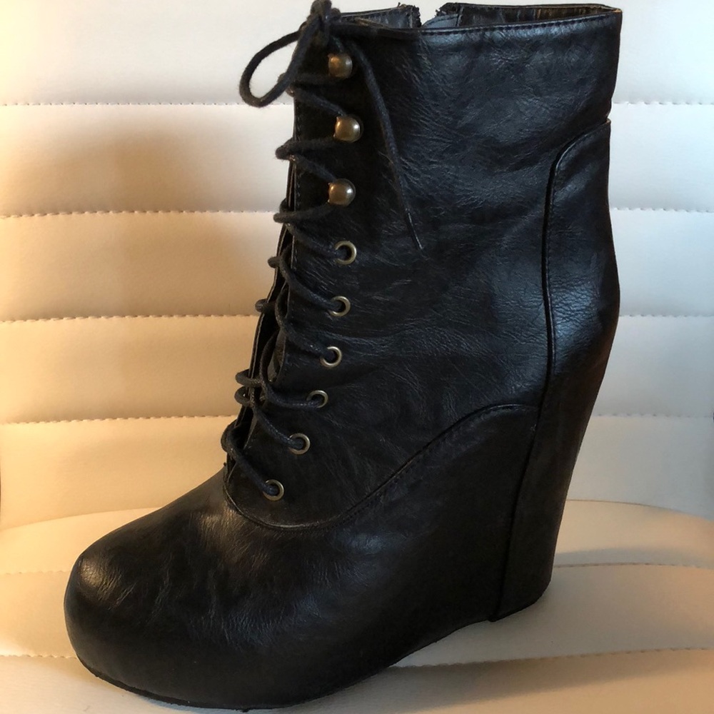 Faux Leather Black Lace-up Wedge Heel Booties