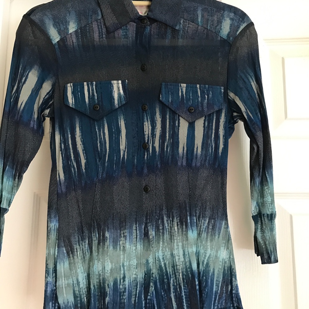 Mesh Petit Pois Denim Blue Wave Print Blouse