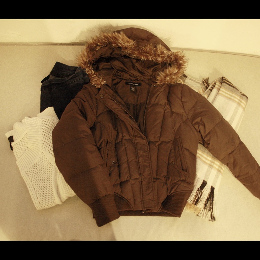 Calvin Klein Brown Down Coat Fur Hood