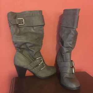 Gray slouchy boots chunky stacked heel buckles