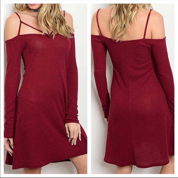Open Shoulder Knee Length Long Sleeve Wine Dress - Picture 3 of 3