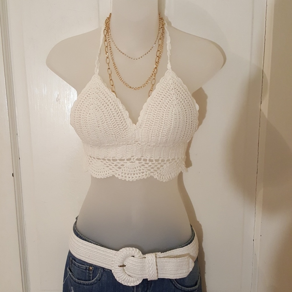 Padded Macrame Mesh Knit Halter Top + Belt