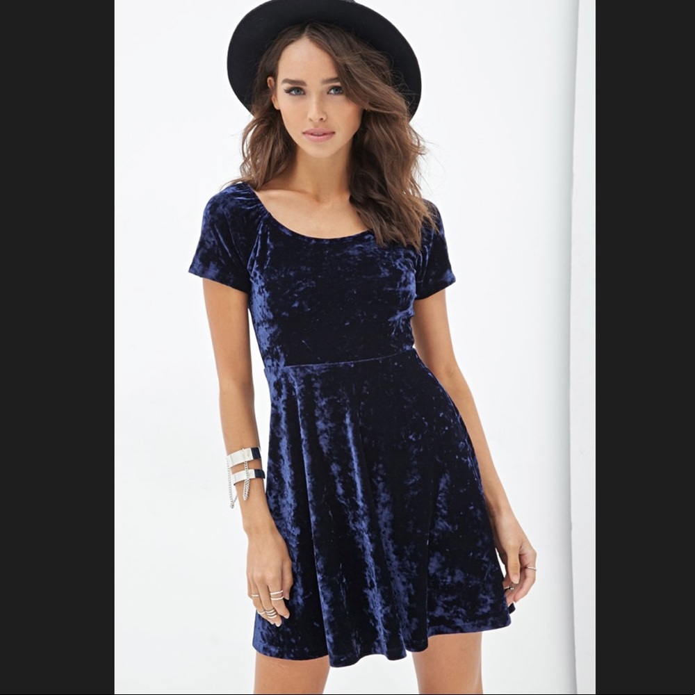 Forever 21 Blue Crushed Velvet Skater Dress