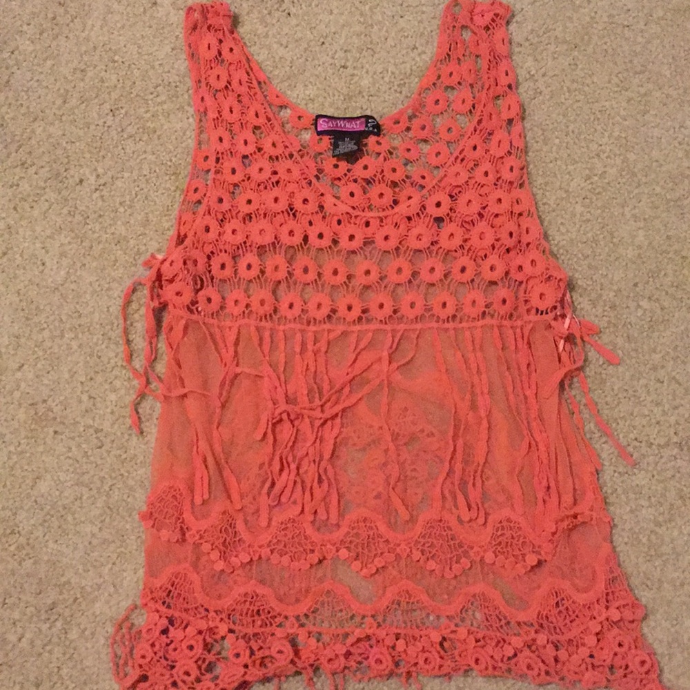 Coral sheer top with lace details