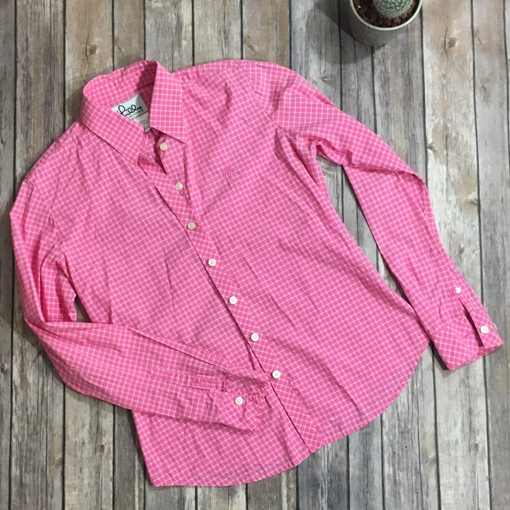 Lilly Pulitzer pink plaid button up blouse