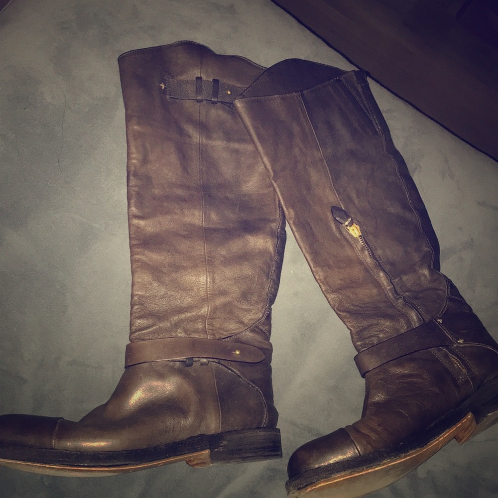 Rag and Bone Knee High Moto Brown Leather Boots