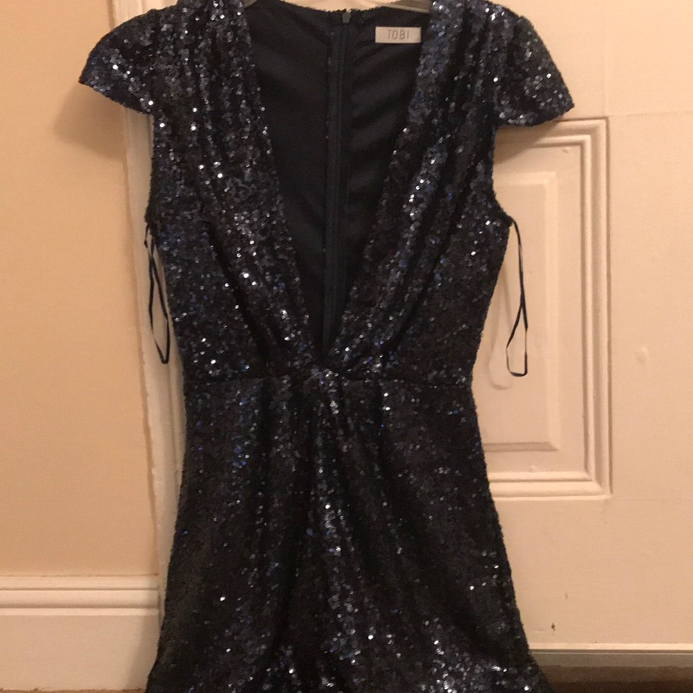 Tobi blue sequin romper, plunging neckline