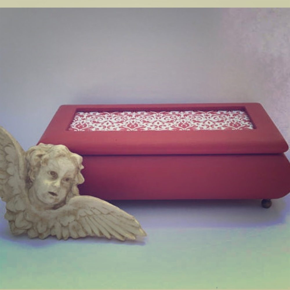 Antique Red Hand Painted Musical Jewelry Box