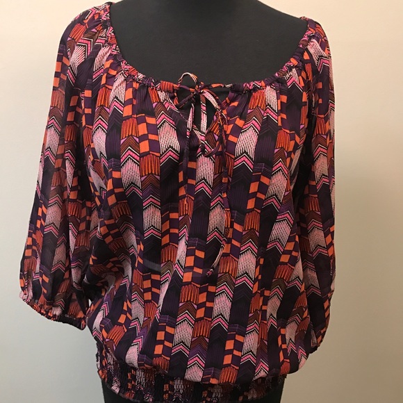 DOTS sheer purple orange 3/4 sleeve blouse Sz M - Picture 2 of 7