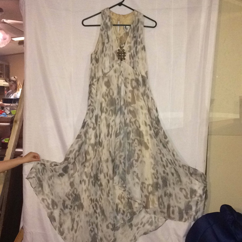 Chico’s long summer dress with matching earrings.