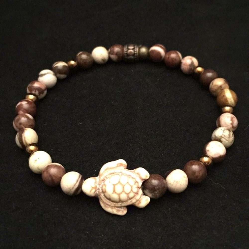 Brown & Ivory Marbled  Bracelet w Turtle 7.5