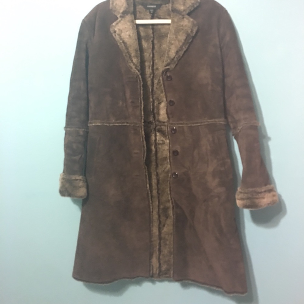 Faux fur lined real leather outside trench coat