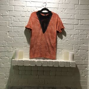 Orange tie dye mesh panel T-shirt