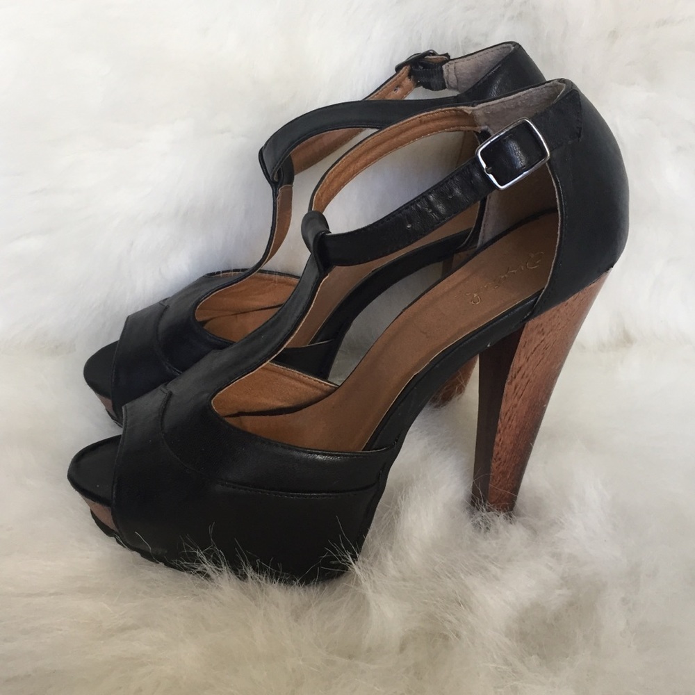 Black T-Strap Platform Wooden Heels
