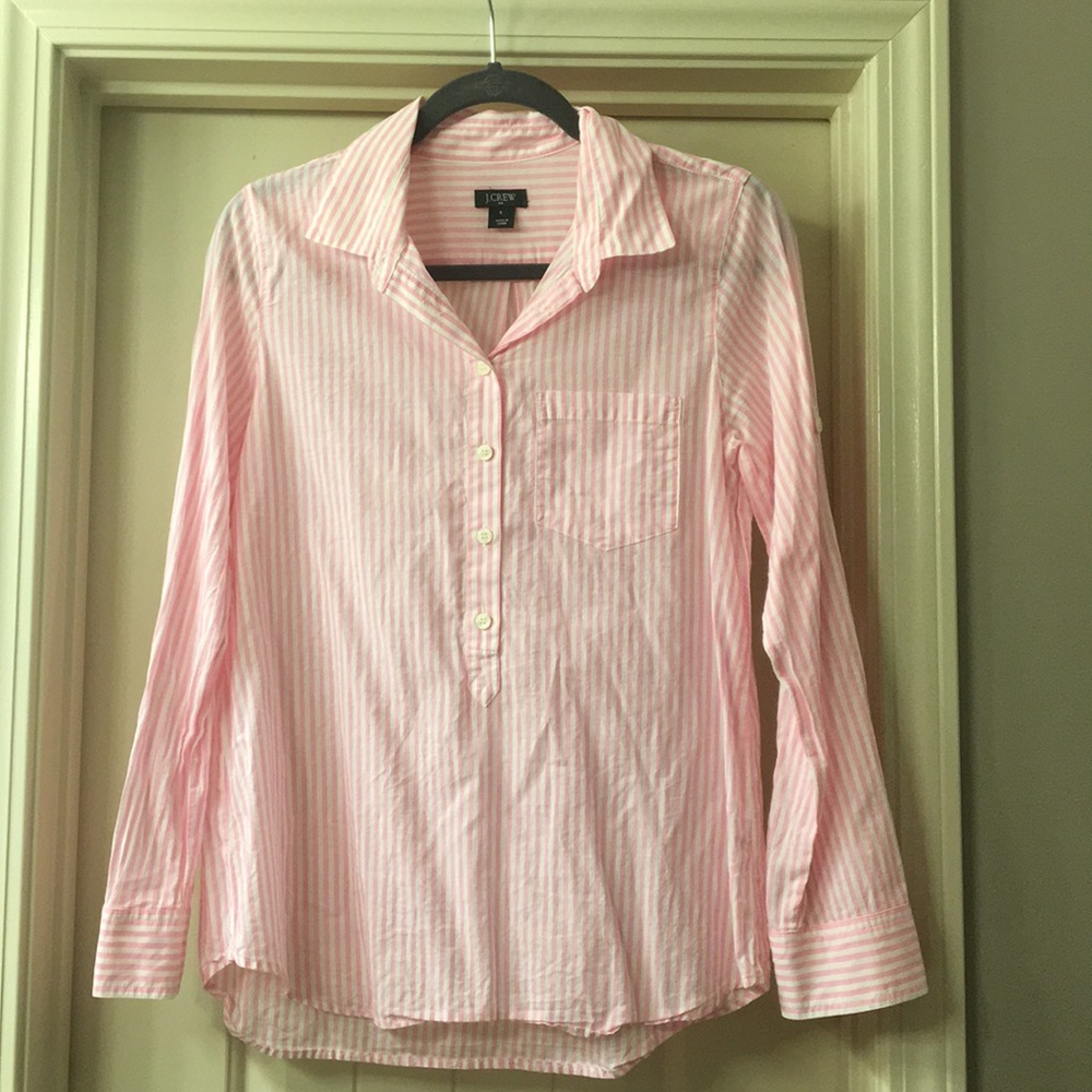 J. Crew pink and white stripe popover top