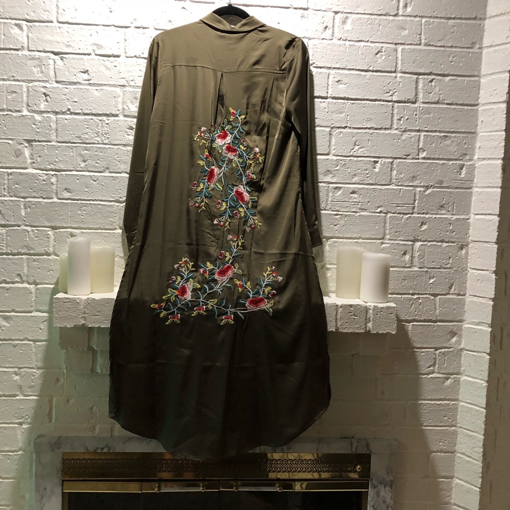 Silk Olive Embroidered Long Sleeve Top