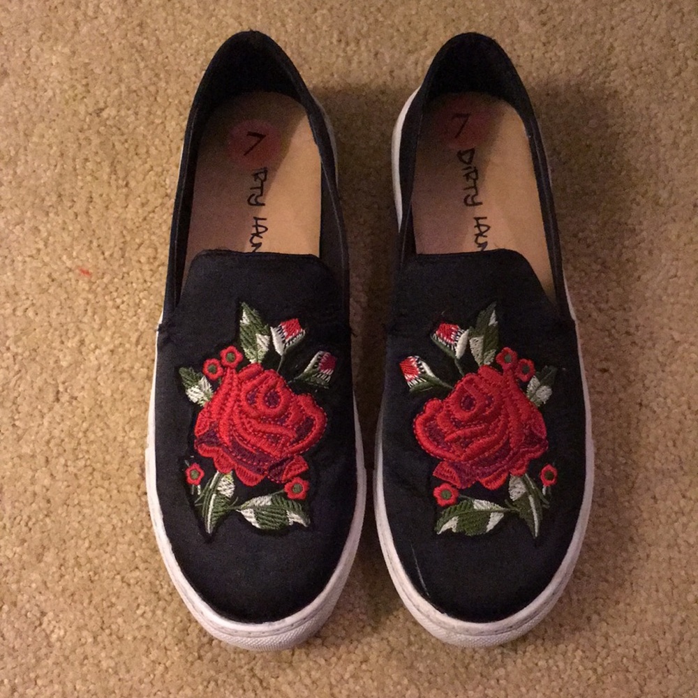 Embroidered rose slip ons