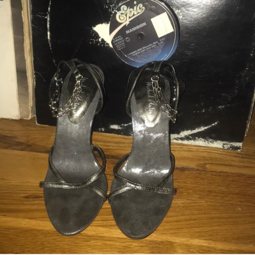 Strappy silver/gray heels