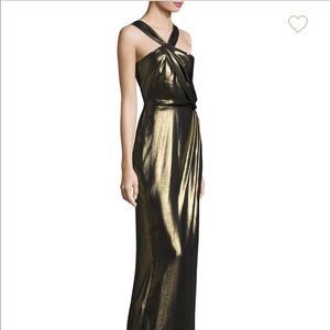 Parker gold metallic draped evening gown dress XS