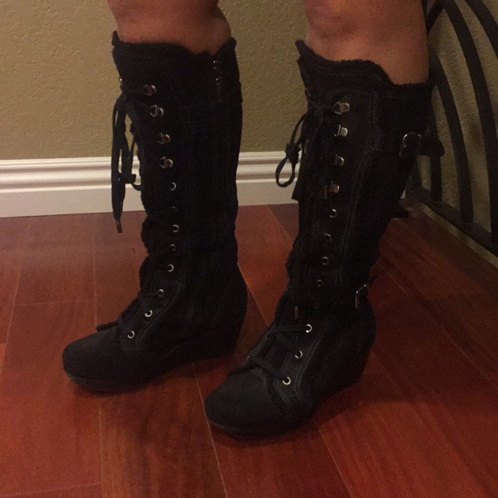 Vintage suede lace-up wedge heel boots