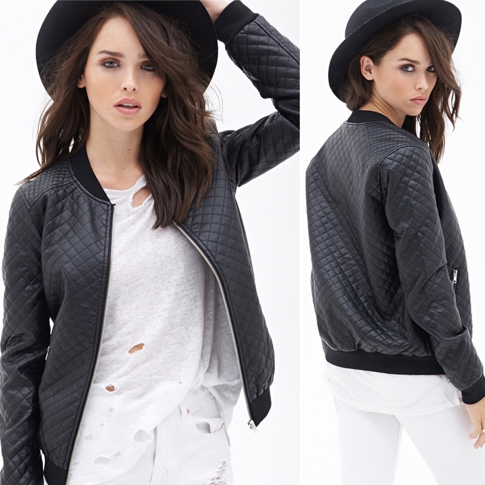 Forever 21 Black Faux Leather Bomber Jacket