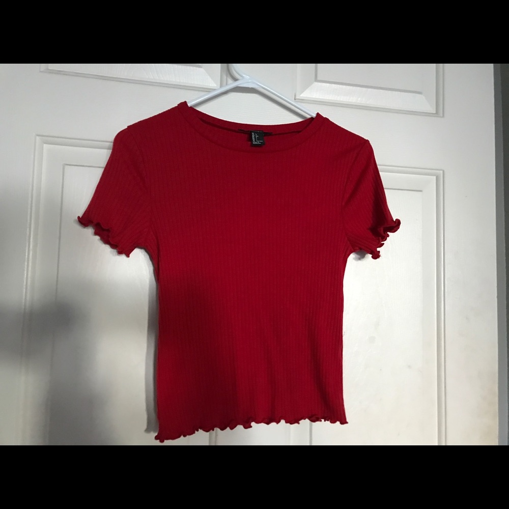 Red ruffled sleeves and bottom shirt