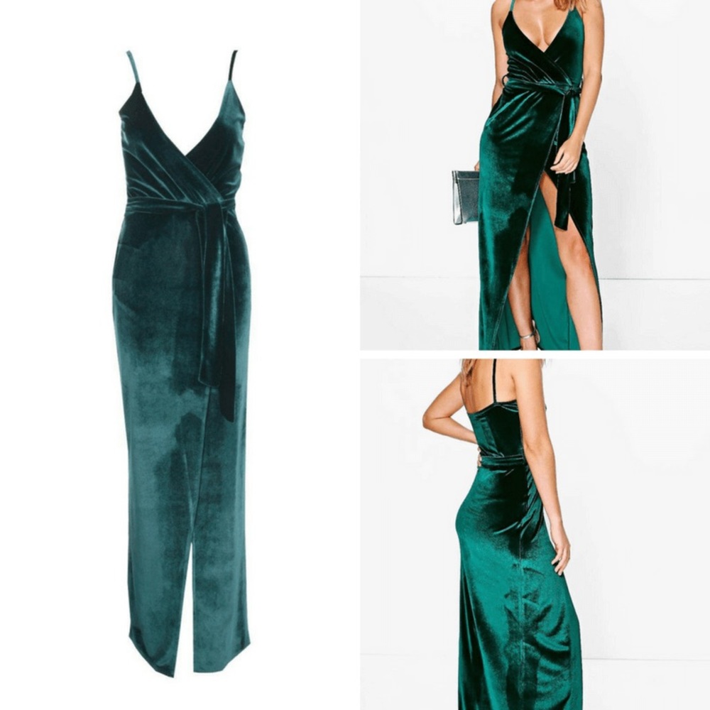 NEW! boohoo pia velvet wrap tie maxi dress.