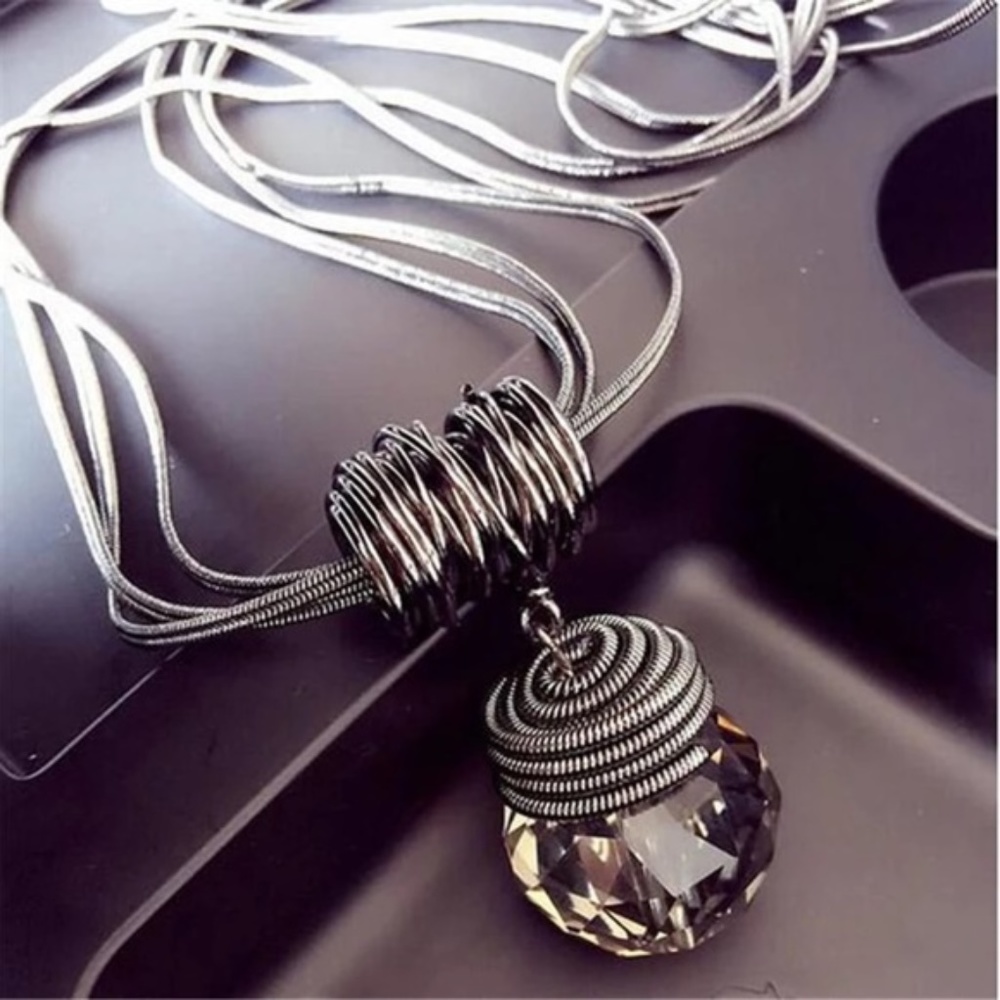 Crystal Sphere Spiral Coil Modern Long Pendant NWT