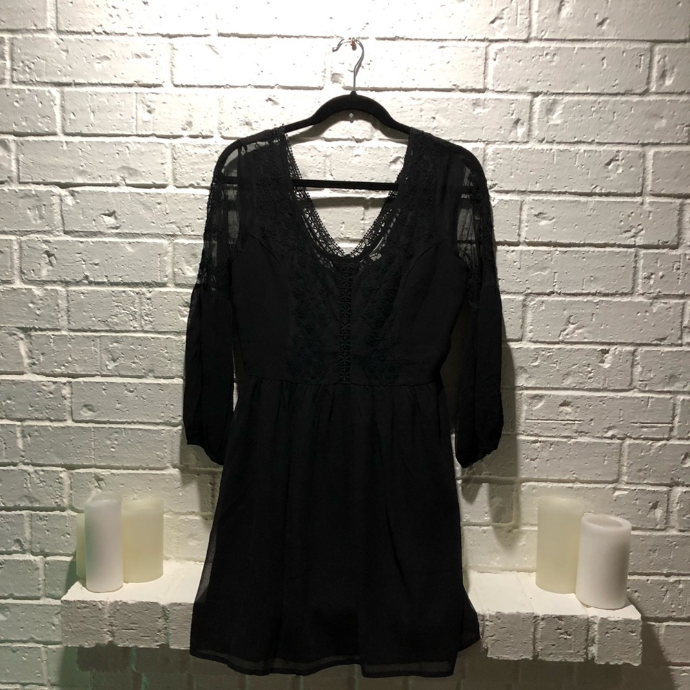Black Crochet and Mesh Babydoll Mini Dress