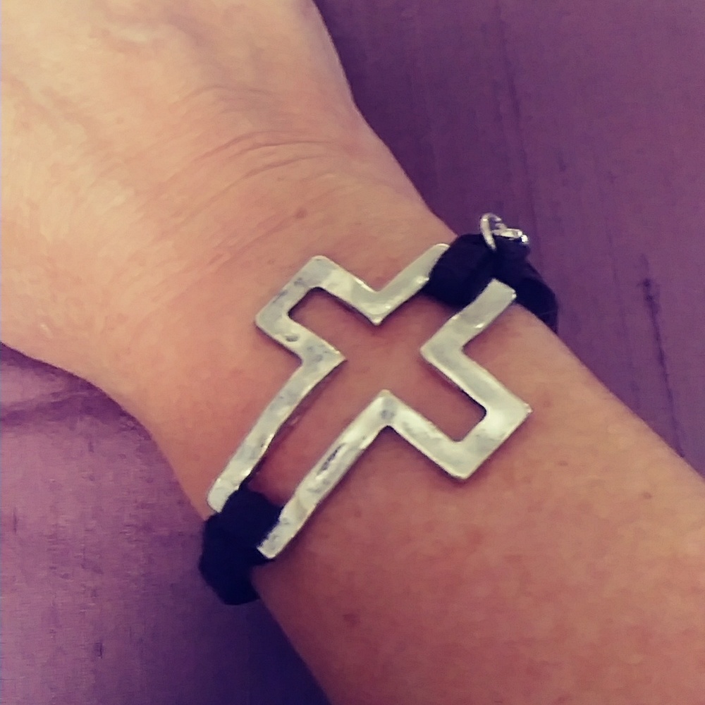Leather and silver cross bracelet