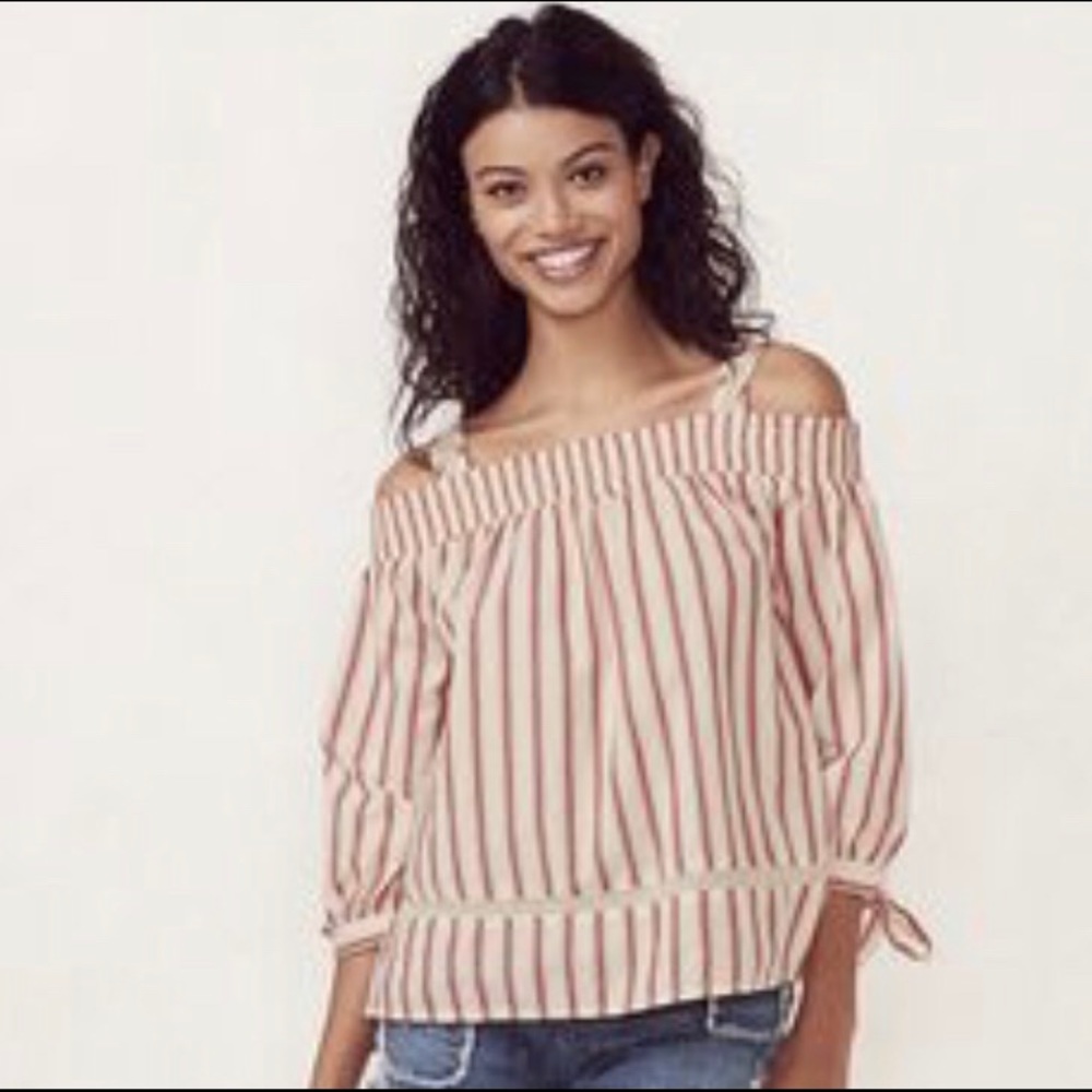 Lauren Conrad Off Shoulder Cream Red Striped Top