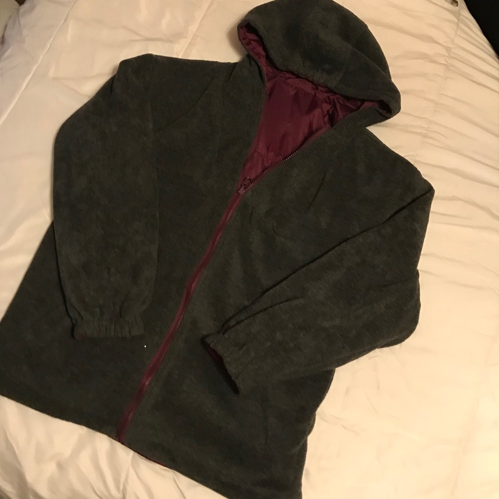 gray and maroon reversible jacket