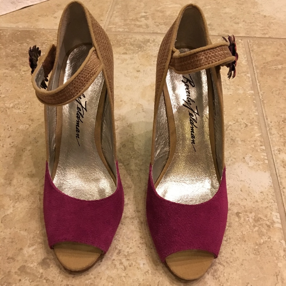 Fuchsia and tan peep toe wedge