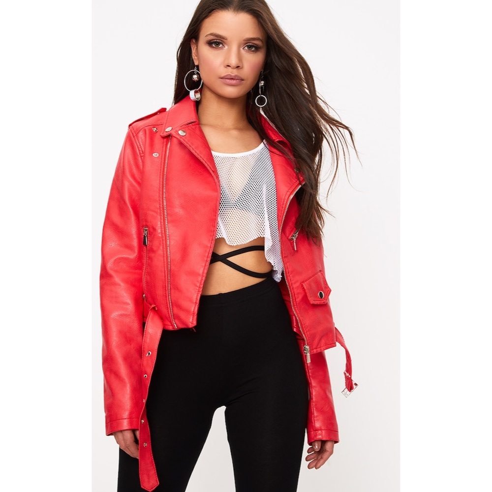 Pretty Little Things Red Faux Leather Biker Jacket