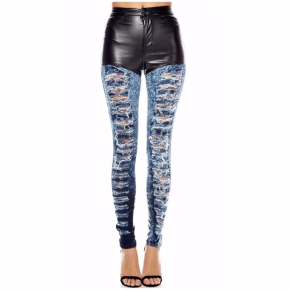 Black Faux Leather Blue Destroyed Skinny Jeans - Picture 2 of 6