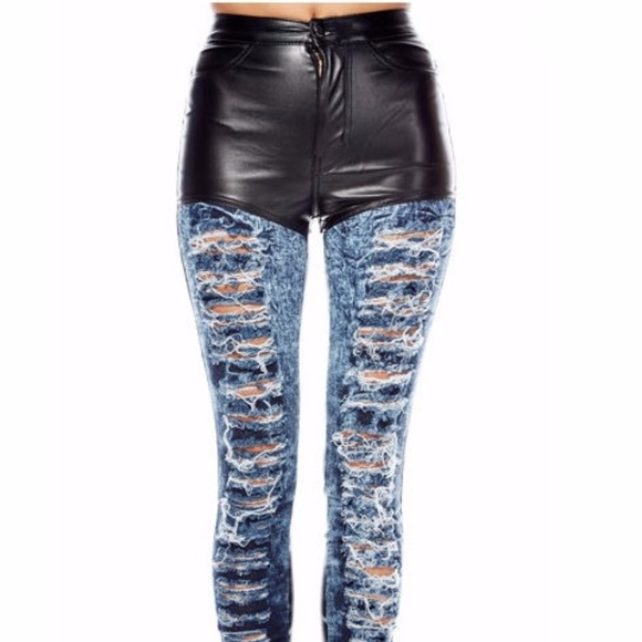 Black Faux Leather Blue Destroyed Skinny Jeans - Picture 6 of 6