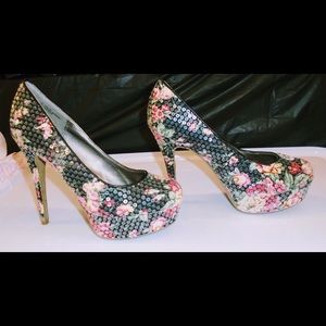 Floral and Sequin Stiletto Platform Shoes