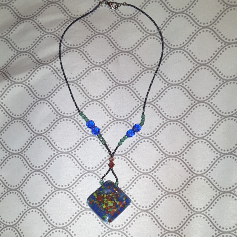 Beaded necklace with glass pendant