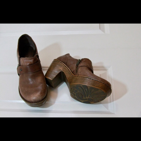 Born Shoes - Born Low Ankle Boots Leather Brown Side Zips Heels