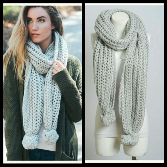 Accessories - ❇ Sale New Dove Grey Chunky Knit Pom Pom Scarf
