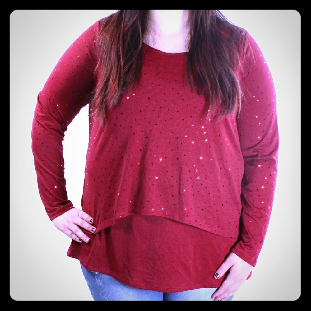 NY COLLECTION WOMEN'S RED PINSTRIP LONG SLEEVE TOP - Picture 1 of 4