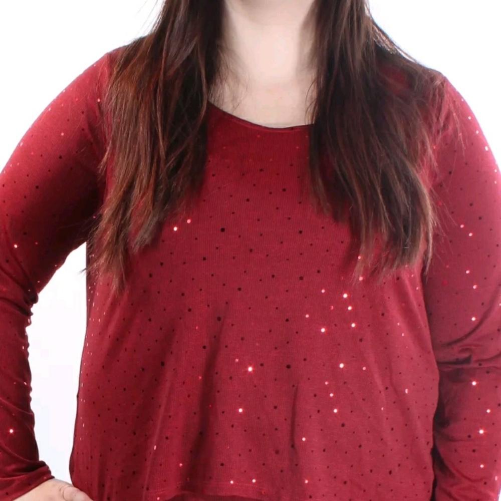 NY COLLECTION WOMEN'S RED PINSTRIP LONG SLEEVE TOP - Picture 3 of 4
