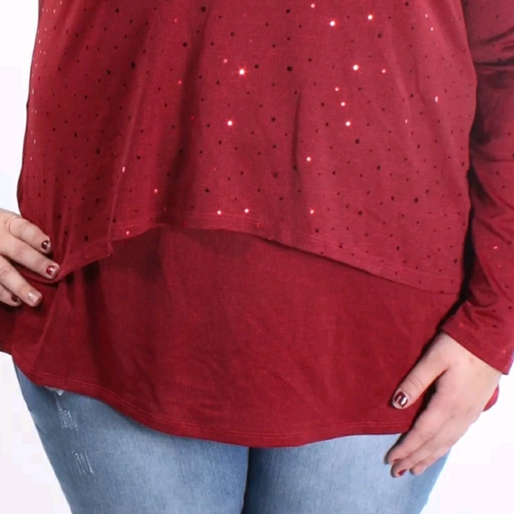 NY COLLECTION WOMEN'S RED PINSTRIP LONG SLEEVE TOP - Picture 4 of 4