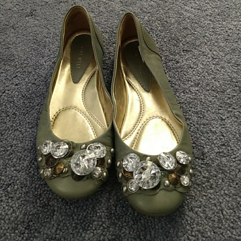 Green flats with jeweled toe