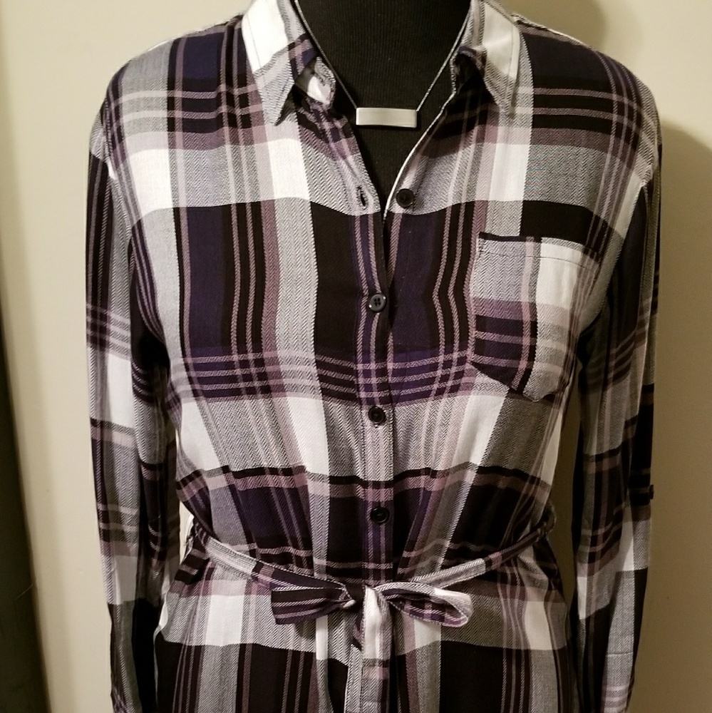 Women's Plaid Belted Tunic/Dress - Navy, Size L