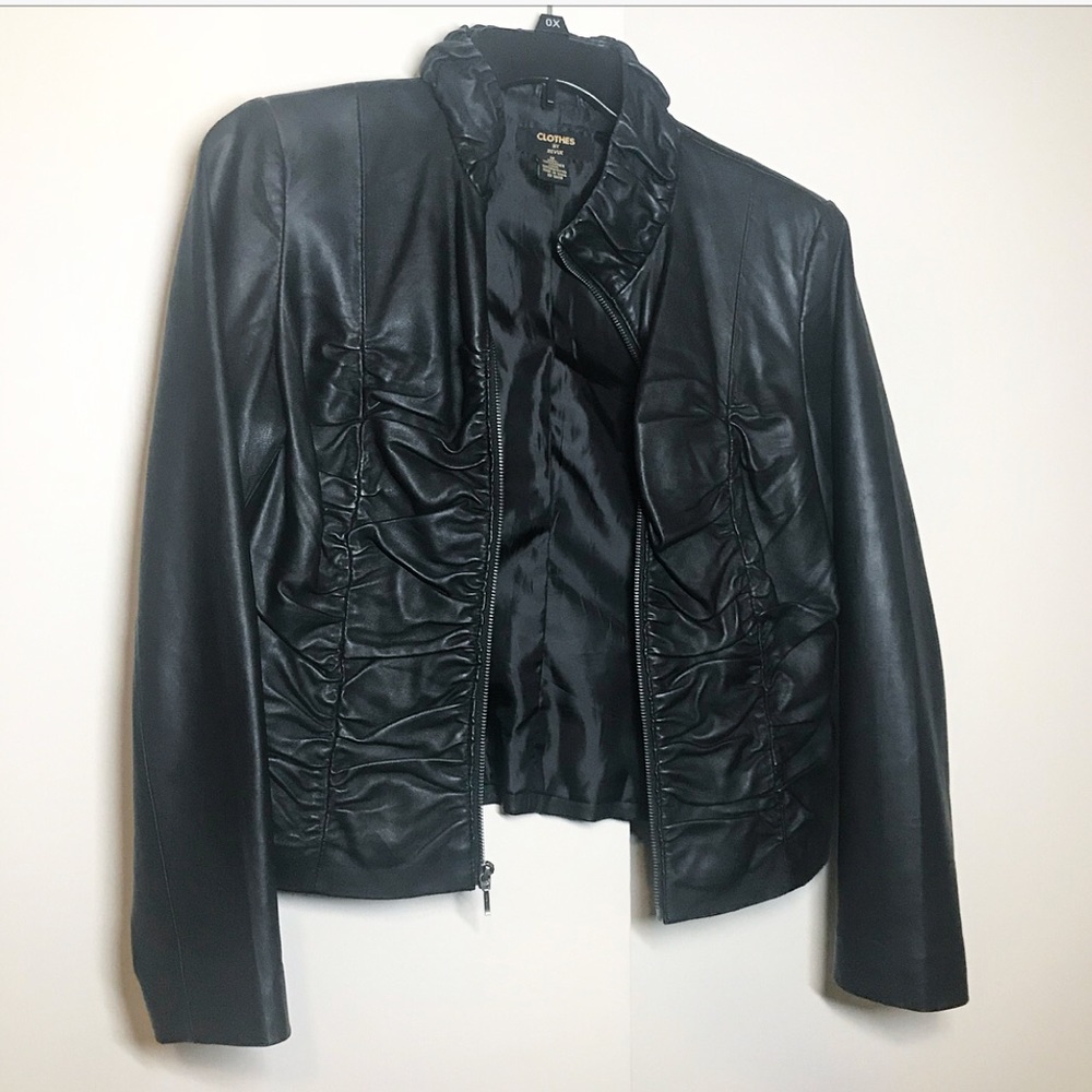 Women’s black leather jacket by Revue.